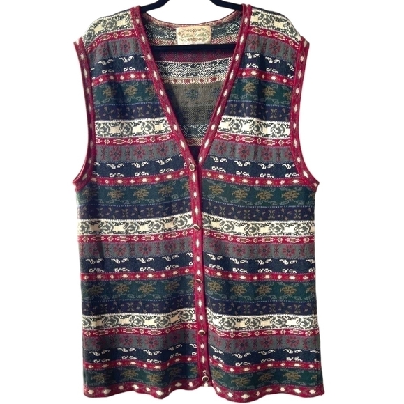 VINTAGE Mixed Print Striped Sleeveless Knit Button Down Vest - Picture 1 of 3